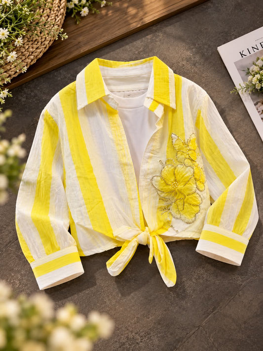 Girls Yellow Striped Tie-Up Shirt with Floral Embroidery | Sizes 24–36