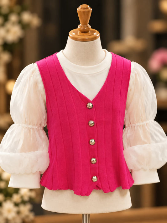 Girls Pink Button-Front Vest Top with White Puff Sleeves | Sizes 24–34