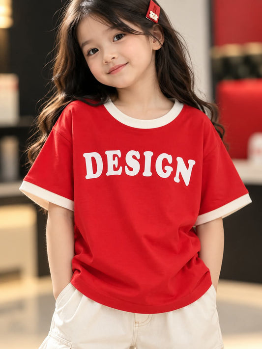 Girls Red Oversized T-Shirt with White Contrast Trim & Graphic Print | Sizes 24–36