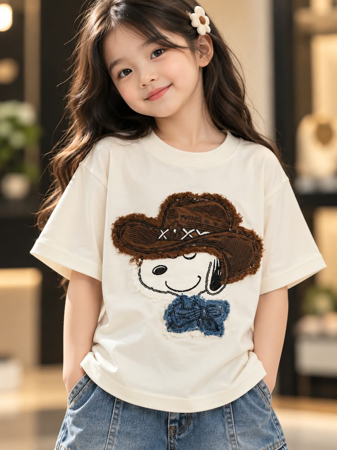 Girls Cream Oversized T-Shirt with 3D Cowboy Graphic Print | Sizes 26–38