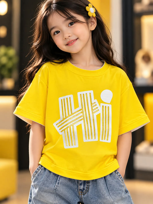 Girls Yellow Oversized T-Shirt with White Graphic Print | Sizes 26–38