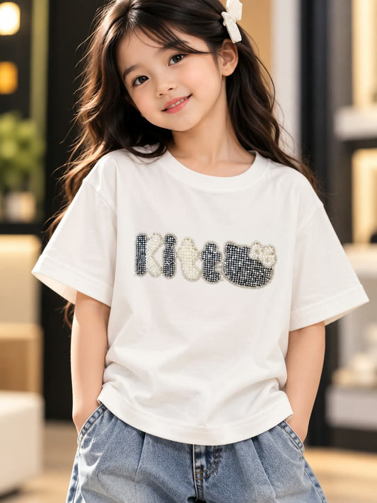 Girls White Oversized T-Shirt with Pearl & Rhinestone Graphic | Sizes 24–36