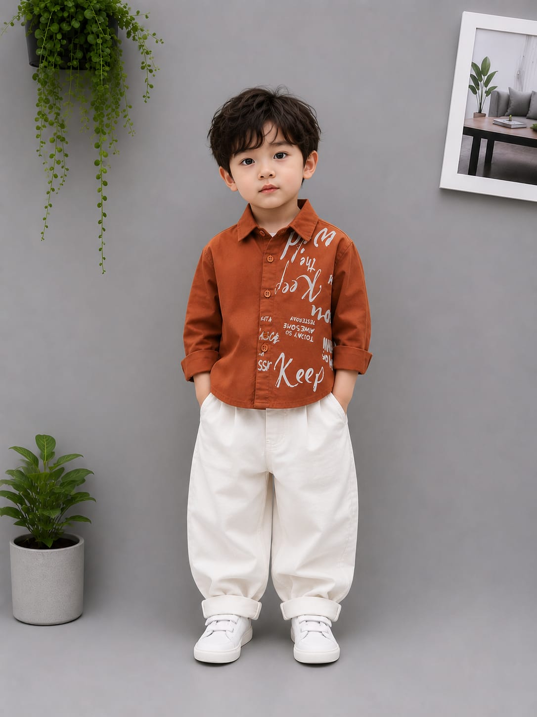 BOYS PREMIUM RUST BROWN TYPOGRAPHIC PRINT COTTON SHIRT | SIZES 18–26