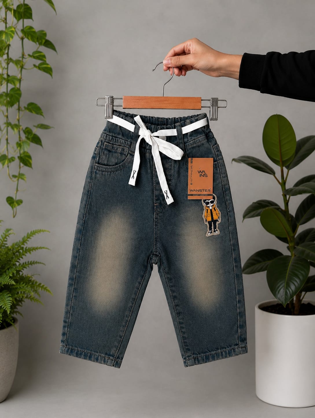 BOYS PREMIUM VINTAGE WASH BAGGY DENIM JEANS WITH CHARACTER PATCH | SIZES 18–26
