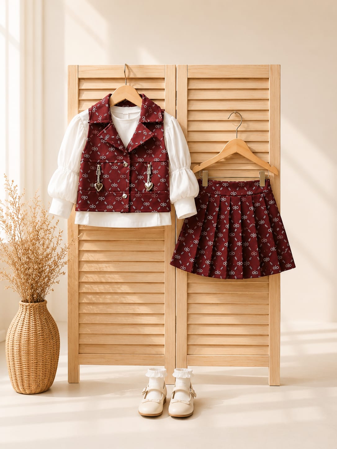 GIRLS PREMIUM MAROON PRINTED VEST & PLEATED SKIRT CO-ORD SET | SIZES 18–26