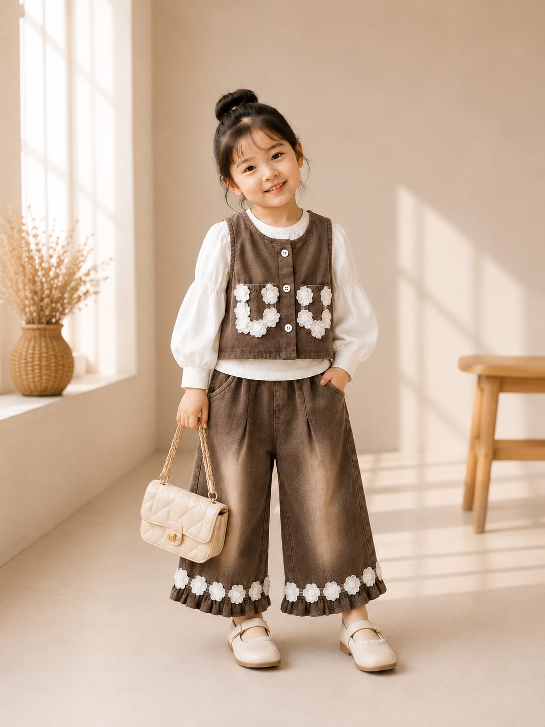 GIRLS PREMIUM BROWN FLORAL 3-PIECE CO-ORD SET WITH WIDE LEG PANTS | SIZES 18–26