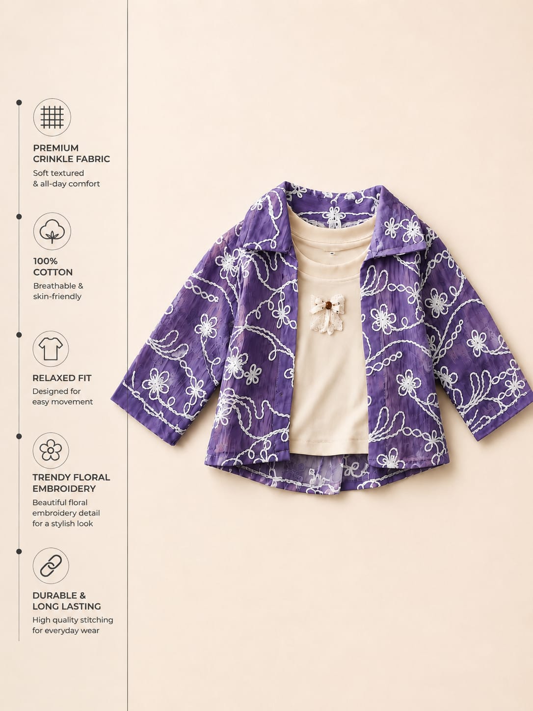 GIRLS PREMIUM PURPLE EMBROIDERED 2-PCS TOP SET | SIZES 18–26