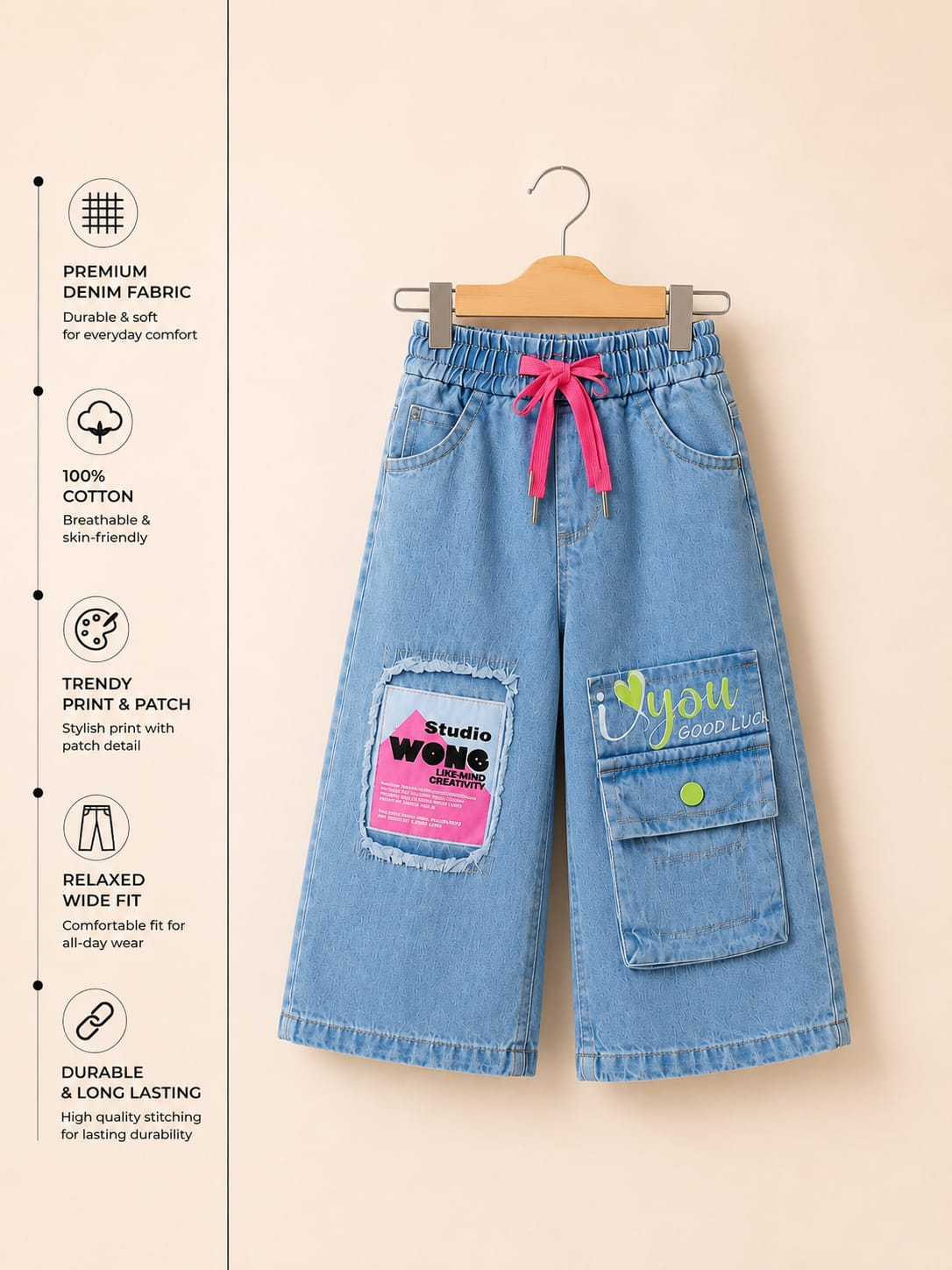 GIRLS LIGHT BLUE WIDE LEG CARGO DENIM JEANS WITH PATCH POCKETS | SIZES 18–26