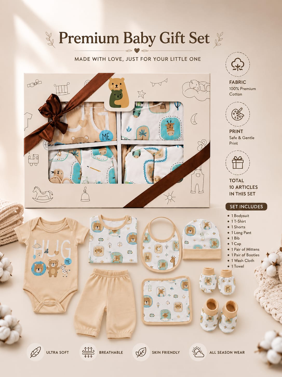 NEWBORN BABY PREMIUM 10-PIECE COTTON GIFT SET – PEACH | 0–6 MONTHS