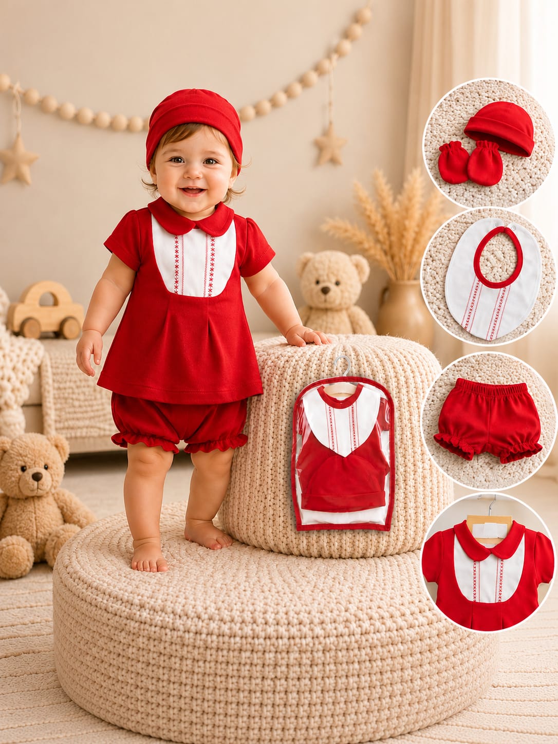 NEWBORN BABY PREMIUM RED 3-PIECE CLOTHING SET WITH CAP | 0–12 MONTHS