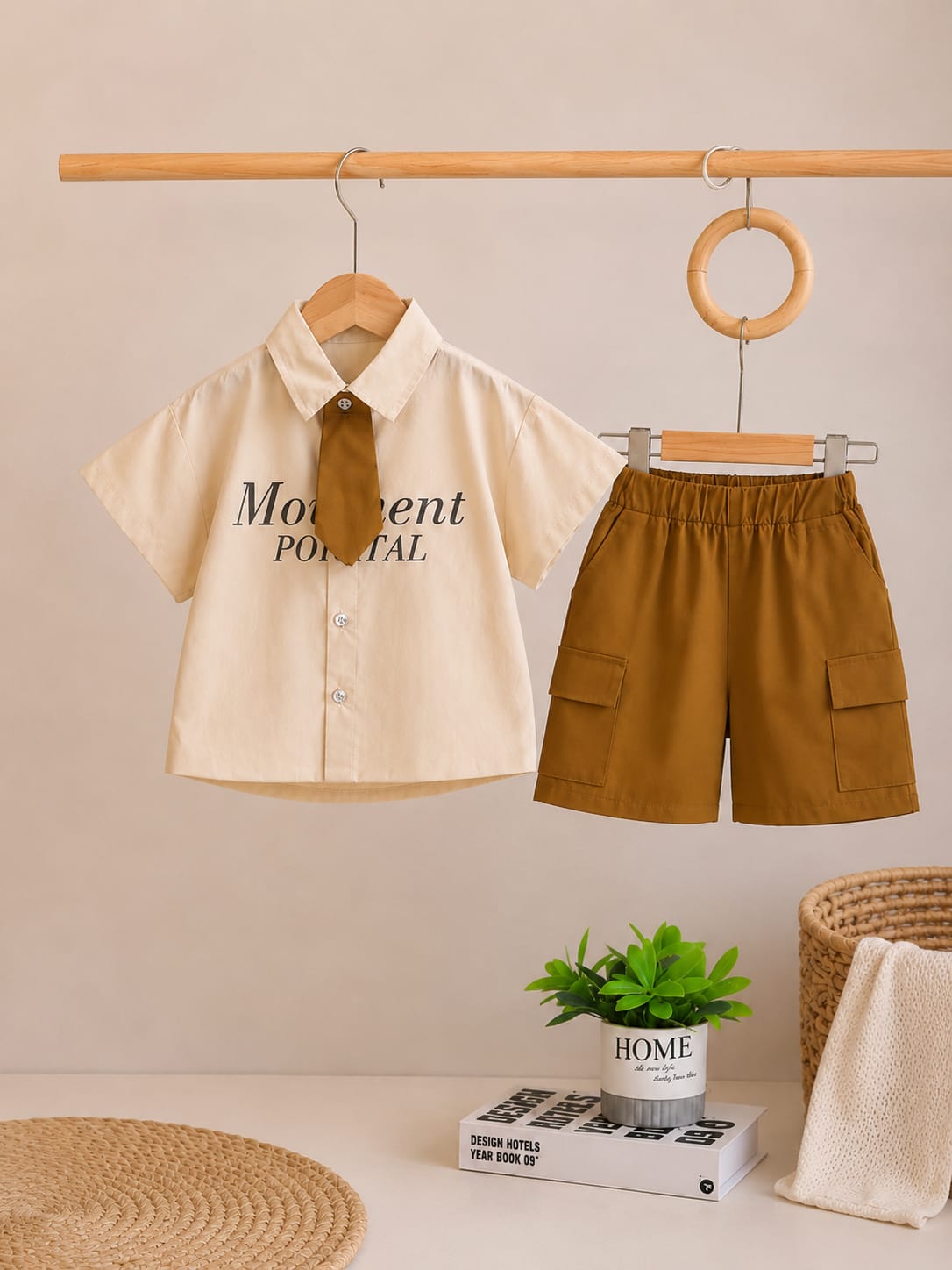 Boys Formal Shirt & Cargo Shorts Set with Tie | Cream & Mustard | 2-Piece Outfit | 18–26