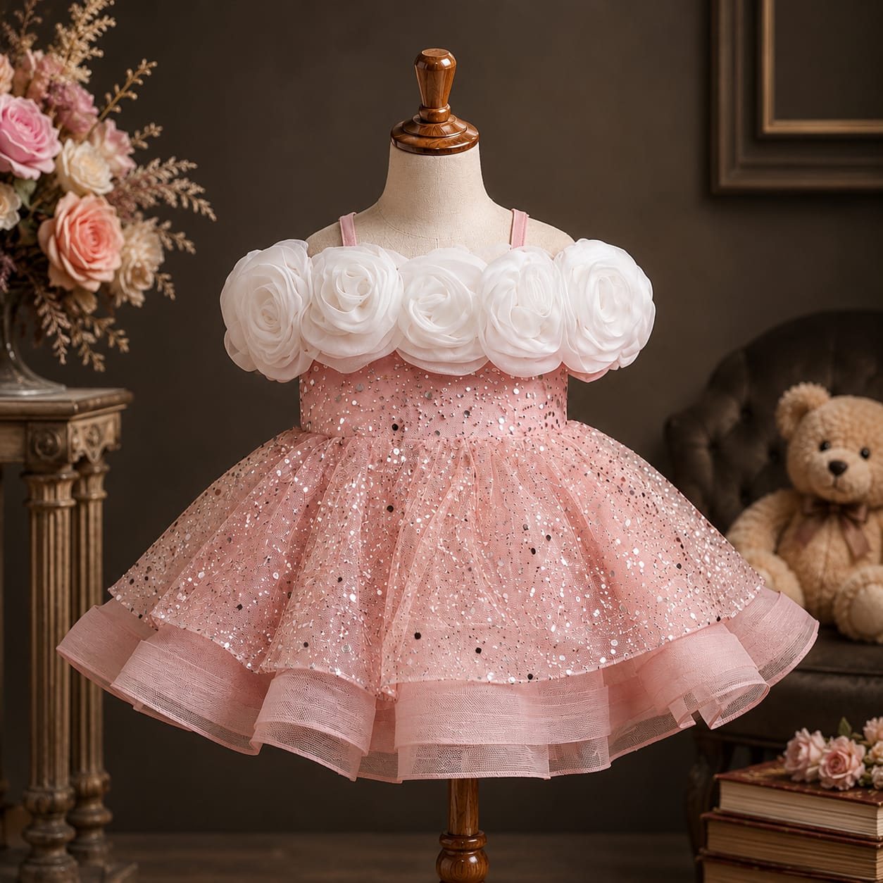 Girls Premium Pink Sequin Party Dress with 3D Floral Bodice | Birthday & Wedding Dress | Size 16–20