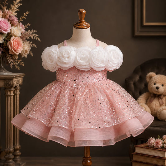 Girls Premium Pink Sequin Party Dress with 3D Floral Bodice | Birthday & Wedding Dress | Size 16–20