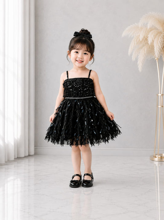 Girls Premium Black Sequin Party Dress | Fancy Birthday & Wedding Dress | Size 16–20