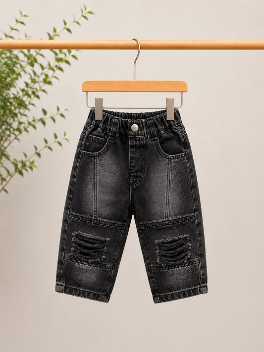 Boys Washed Black Ripped Baggy Jeans | Premium Denim | Size 18–26