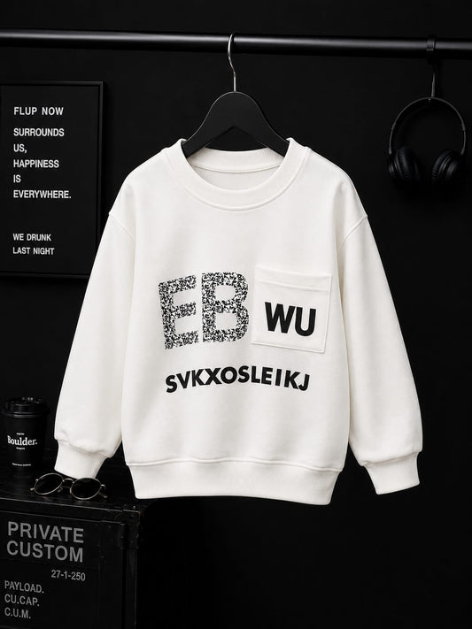 Kids EBWU Printed Winter Sweatshirt | White Cotton Fleece Sweatshirt | Boys Casual Sweatshirt | Size 5–8 Years