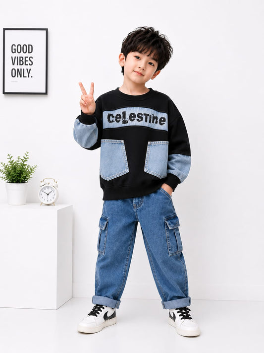 Kids Denim Patch Sweatshirt | Black & Sky Blue All Weather Sweatshirt | 7–9 Years