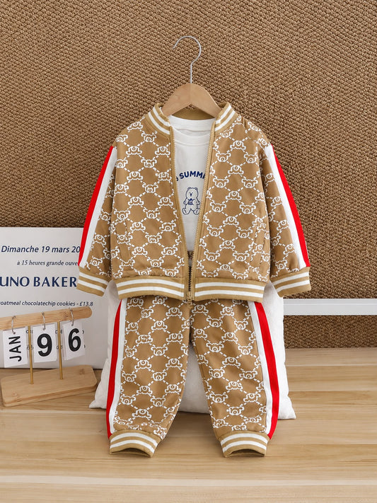 Kids Premium Printed Tracksuit Set | Jacket, T-Shirt & Jogger Co-ord | Brown | Size 18–26