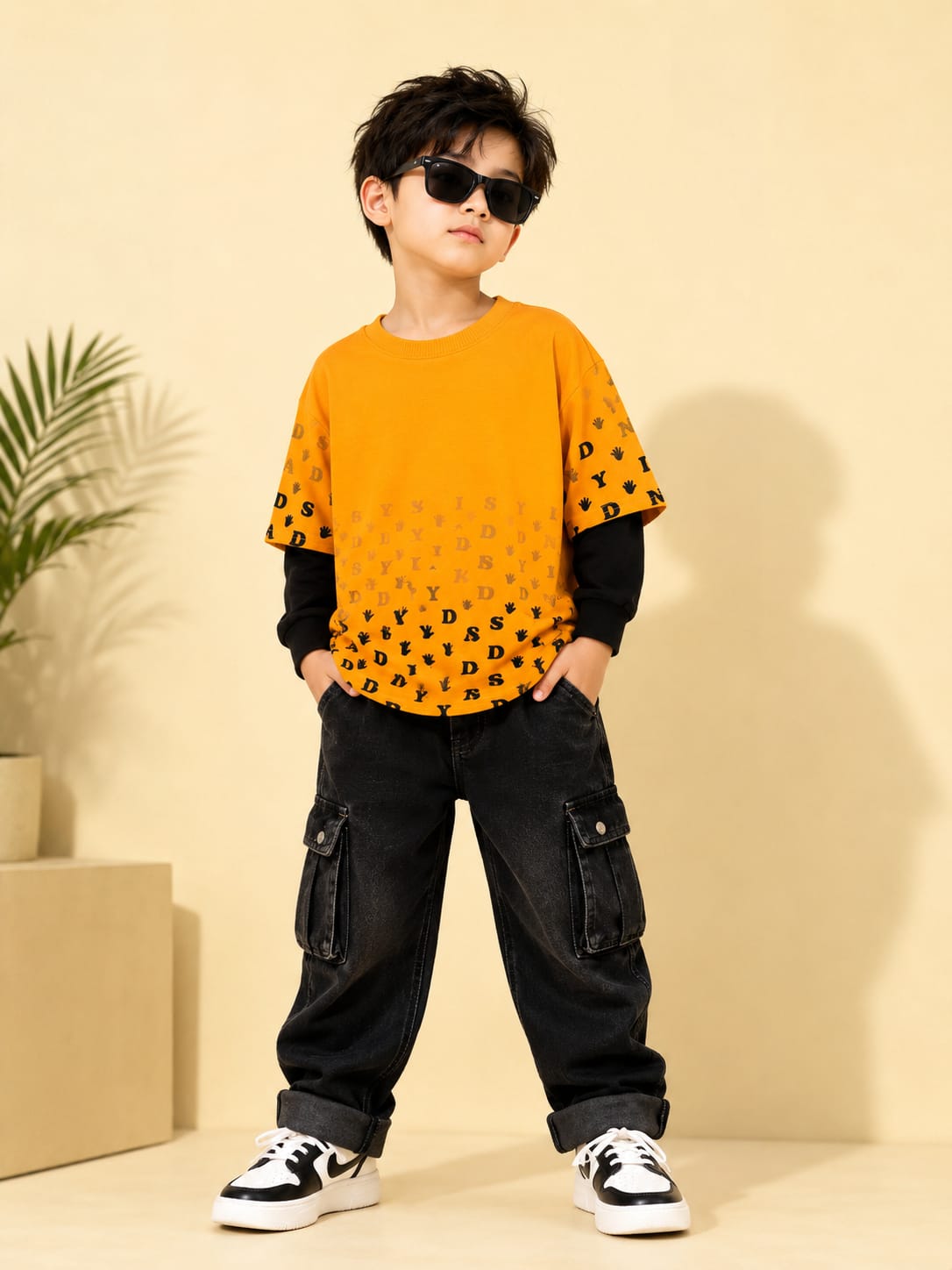 Kids Layered Printed Sweatshirt | Mustard & Black Full Sleeve Sweatshirt | 5–9 Years