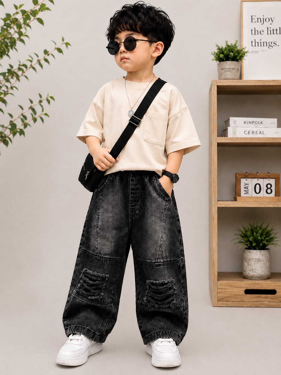 Boys Washed Black Ripped Baggy Jeans | Premium Denim | Size 18–26