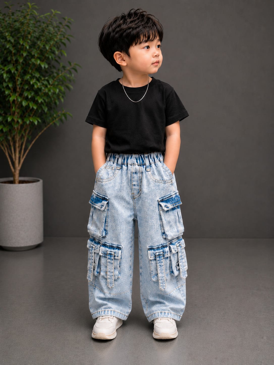 Boys Ice Blue Cargo Baggy Jeans | Premium Korean Streetwear Denim | Size 18 -26