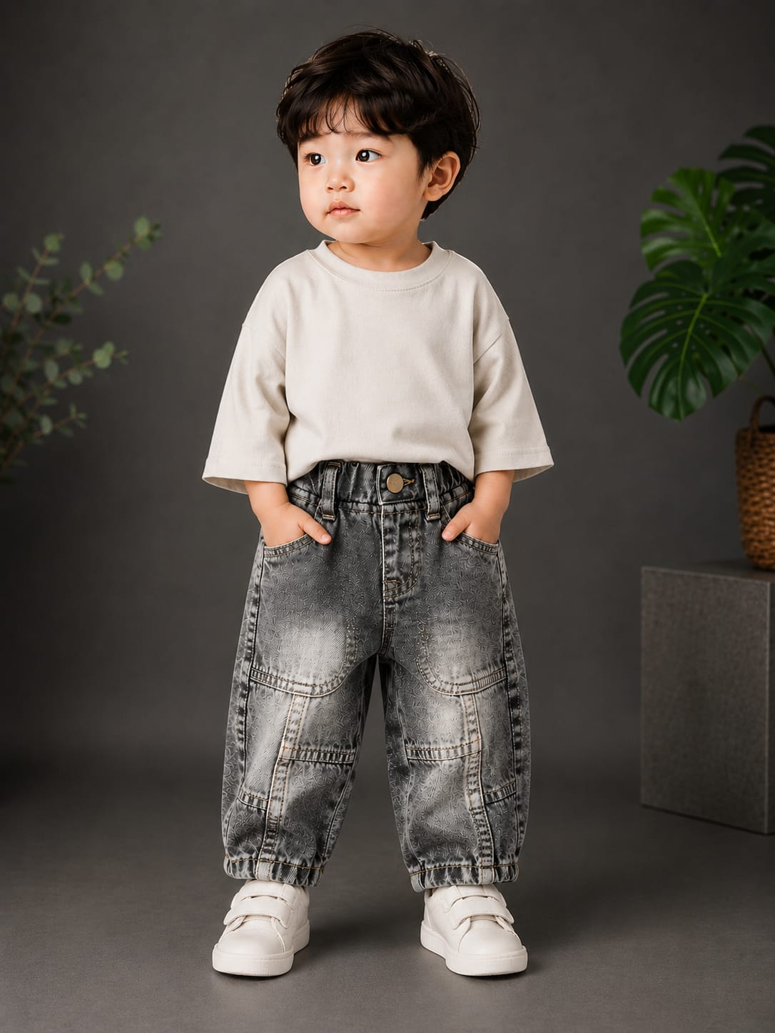 WANSTER Kids Grey Washed Baggy Jeans | Premium Korean Denim | 4 Months–3/4 Years