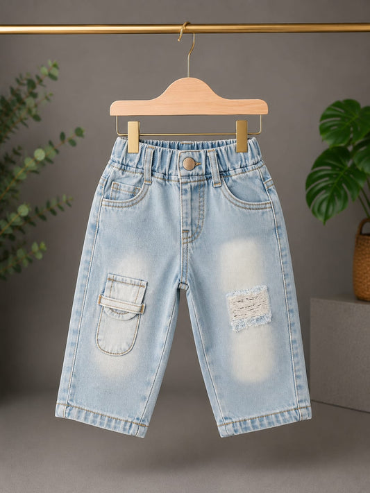 WANSTER Kids Ice Blue Front Utility Pocket Baggy Jeans | Premium Korean Denim | 4 Months–2/3 Years