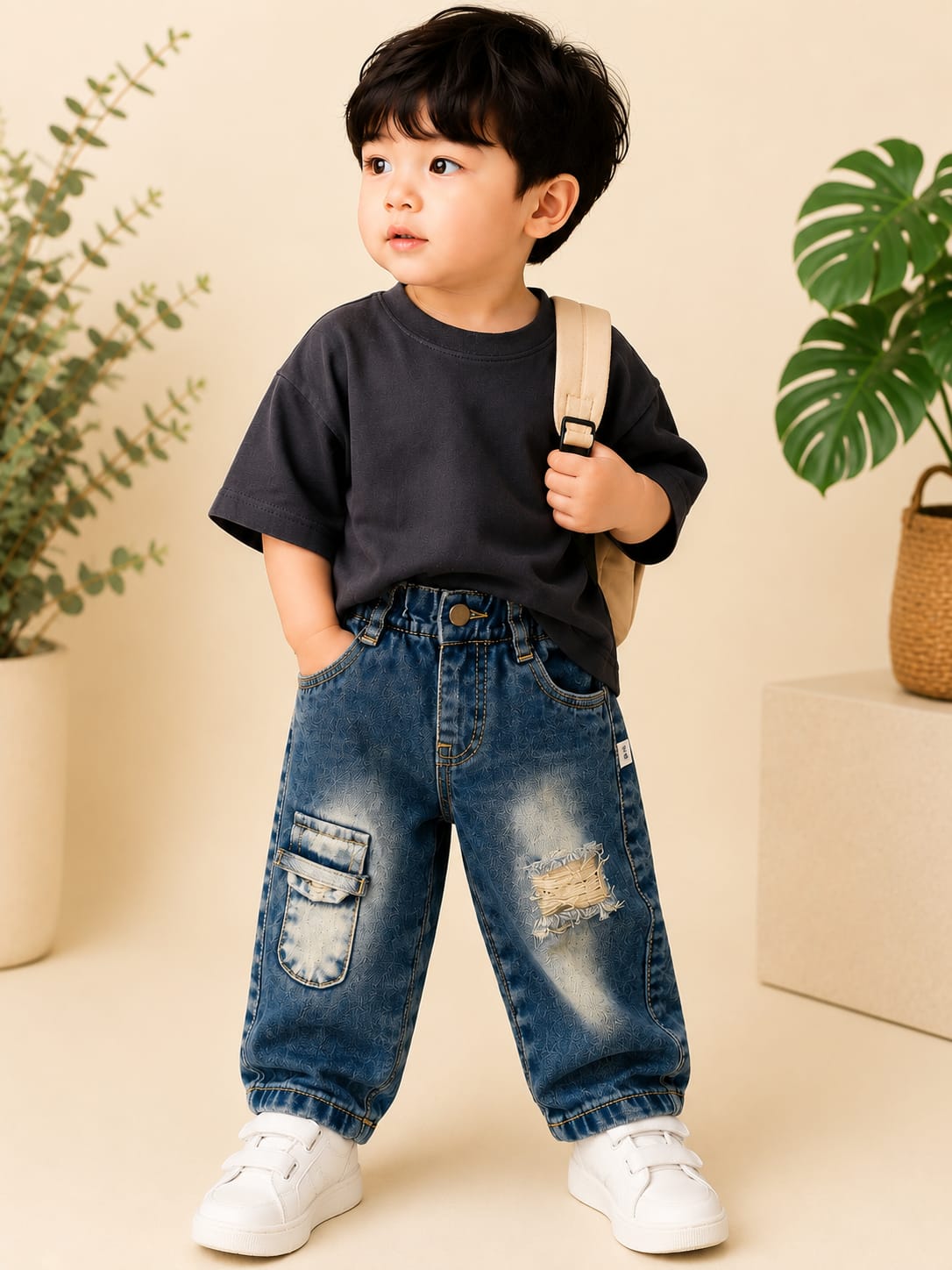 WANSTER Kids Dark Blue Utility Pocket Baggy Jeans | Premium Denim | 4 Months–3/4 Years