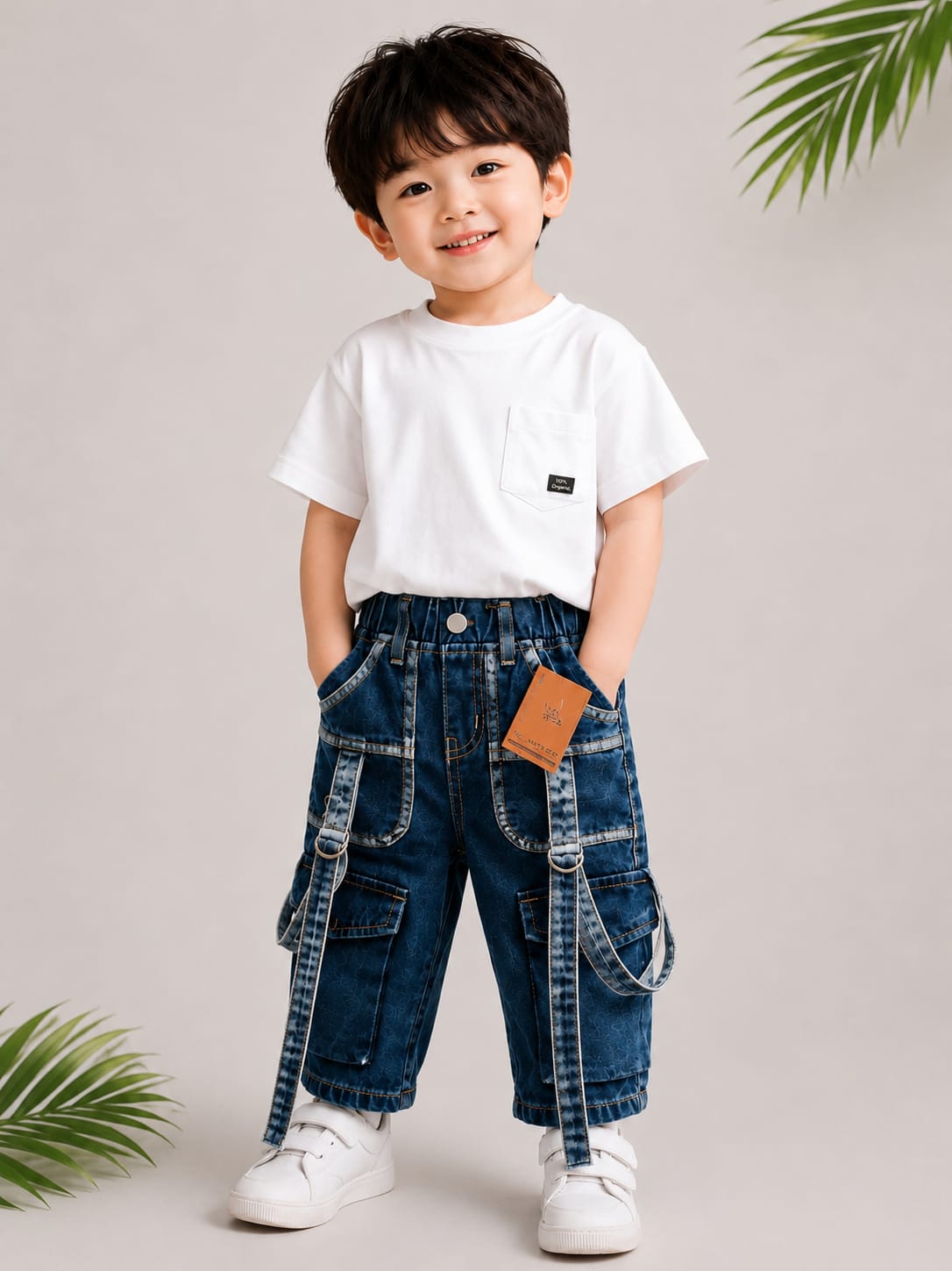 WANSTER Kids Utility Strap Cargo Baggy Jeans | Dark Blue Denim | 2–6 Years