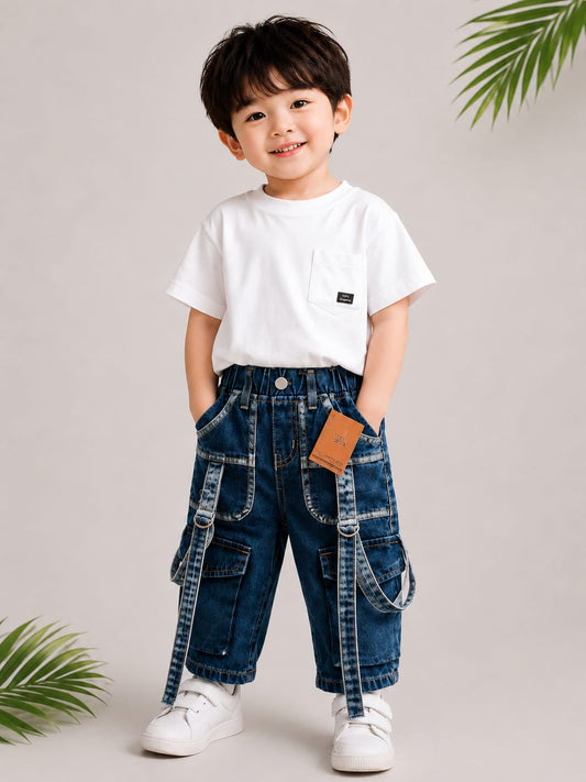 WANSTER Kids Utility Strap Cargo Baggy Jeans | Dark Blue Denim | 2–6 Years