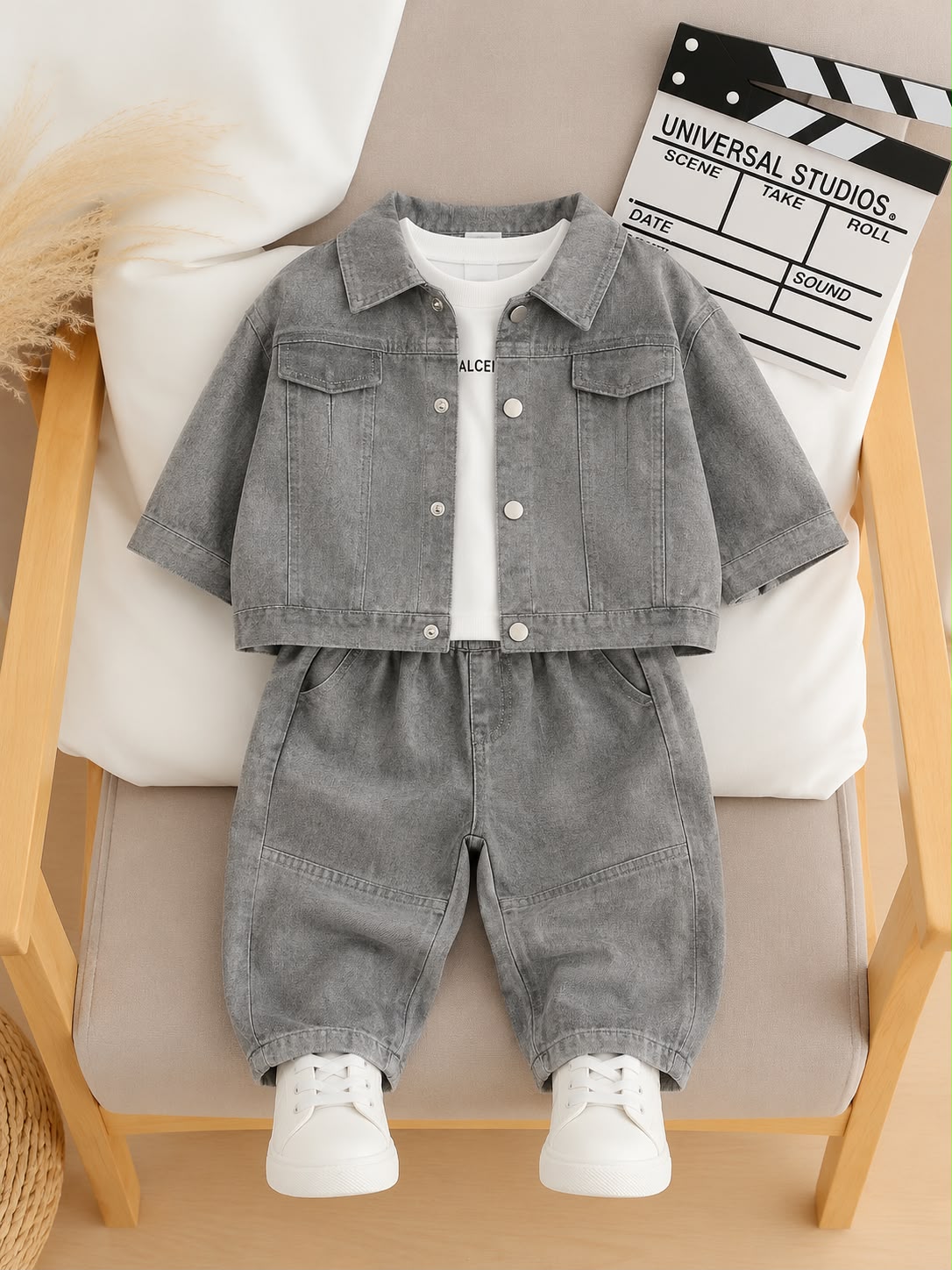 Kids 3-Piece Grey Denim Co-ord Set with Jacket, T-Shirt & Jeans | 1–5 Years