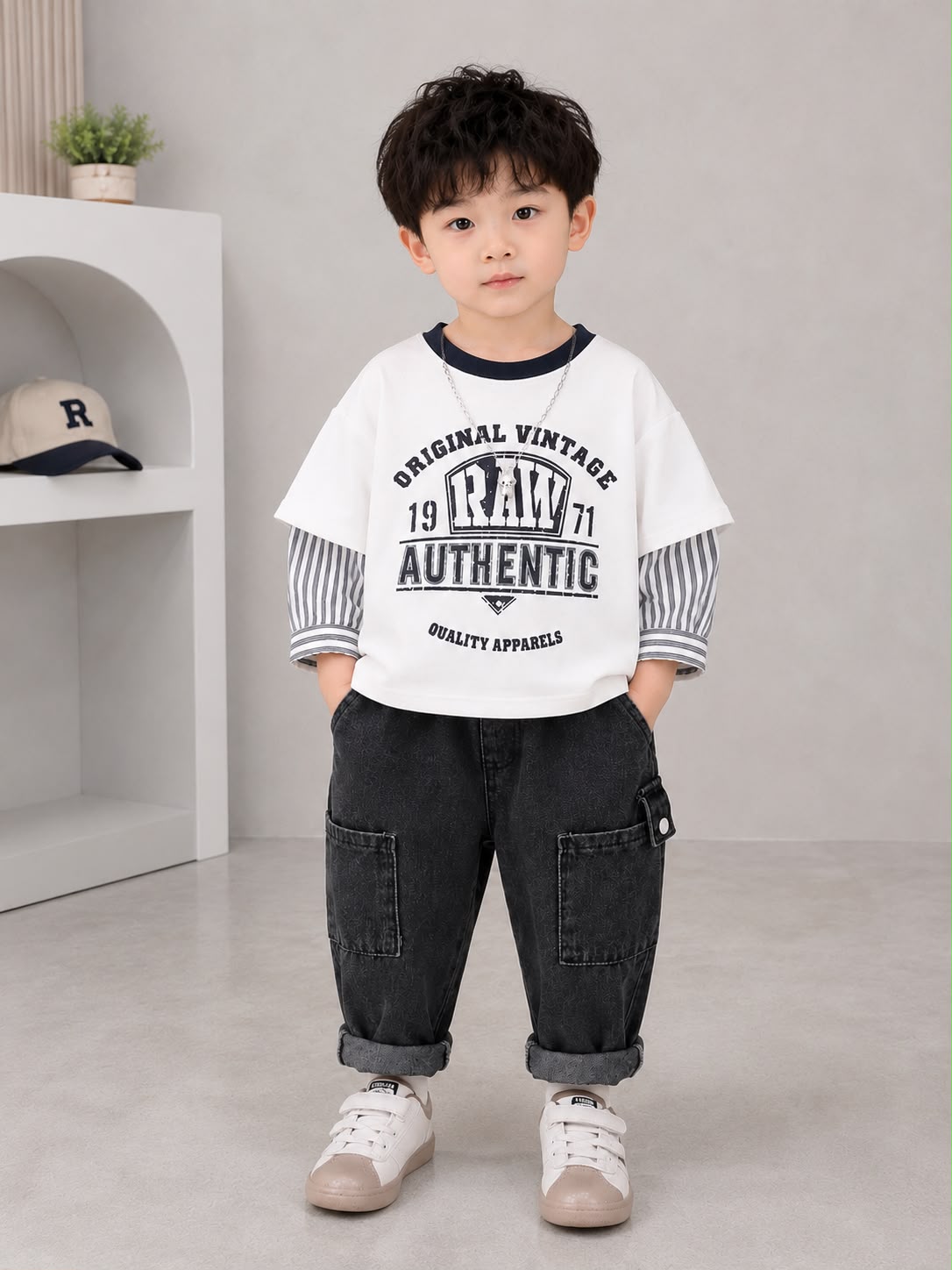 Kids Raw Authentic 2-Piece T-Shirt & Cargo Denim Pant Set | White & Black | Size 18–26