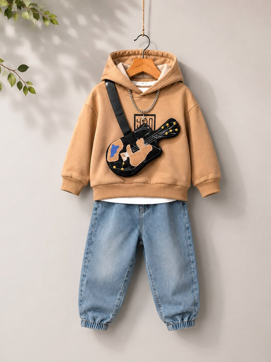 Boys Premium Hoodie & Denim Set with Guitar Sling Bag | Beige | 18–26