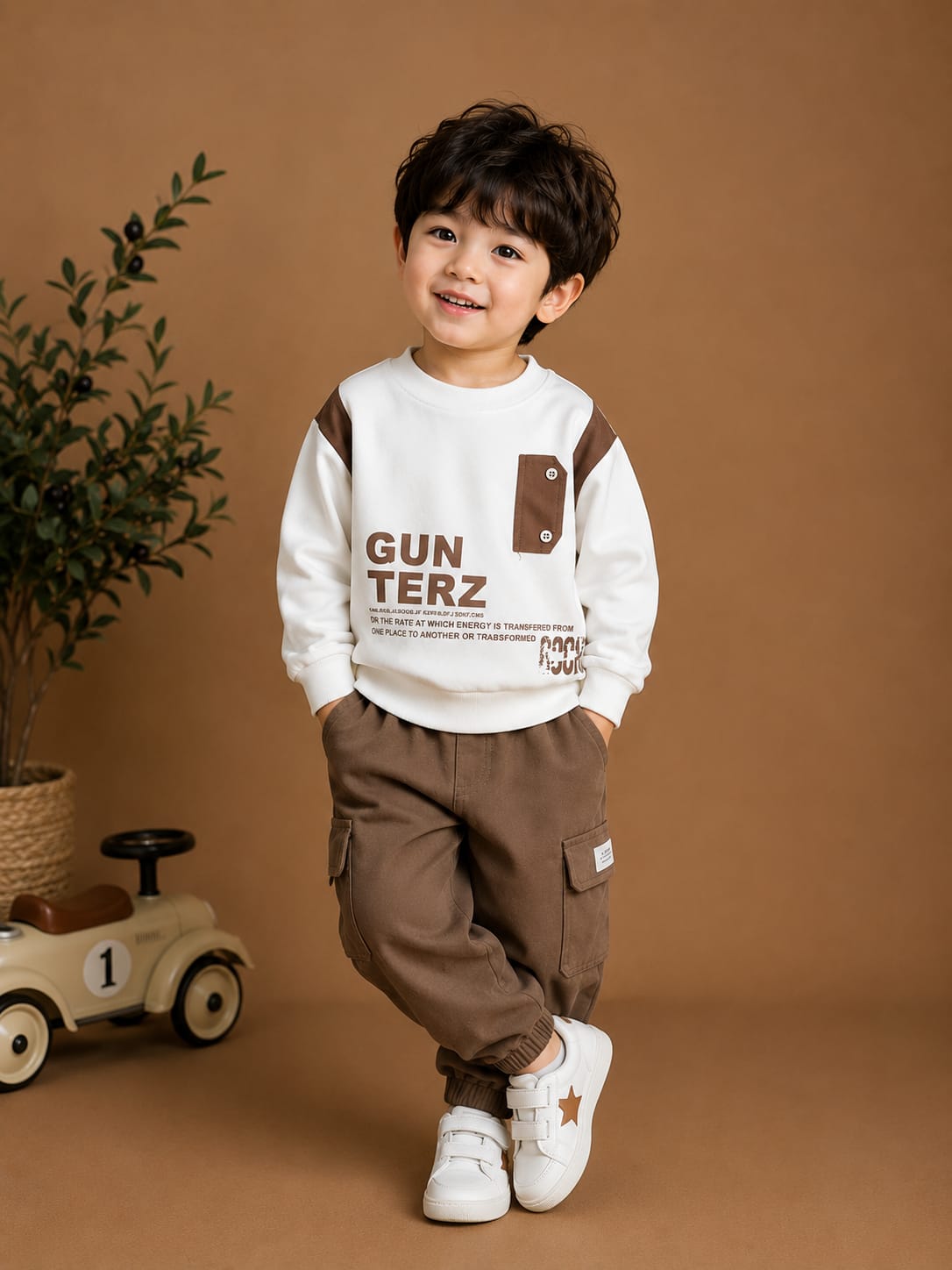 Kids Gun Terz Printed Winter Sweatshirt | White & Brown Cotton Fleece Sweatshirt | Boys Casual Sweatshirt | Size 18–26