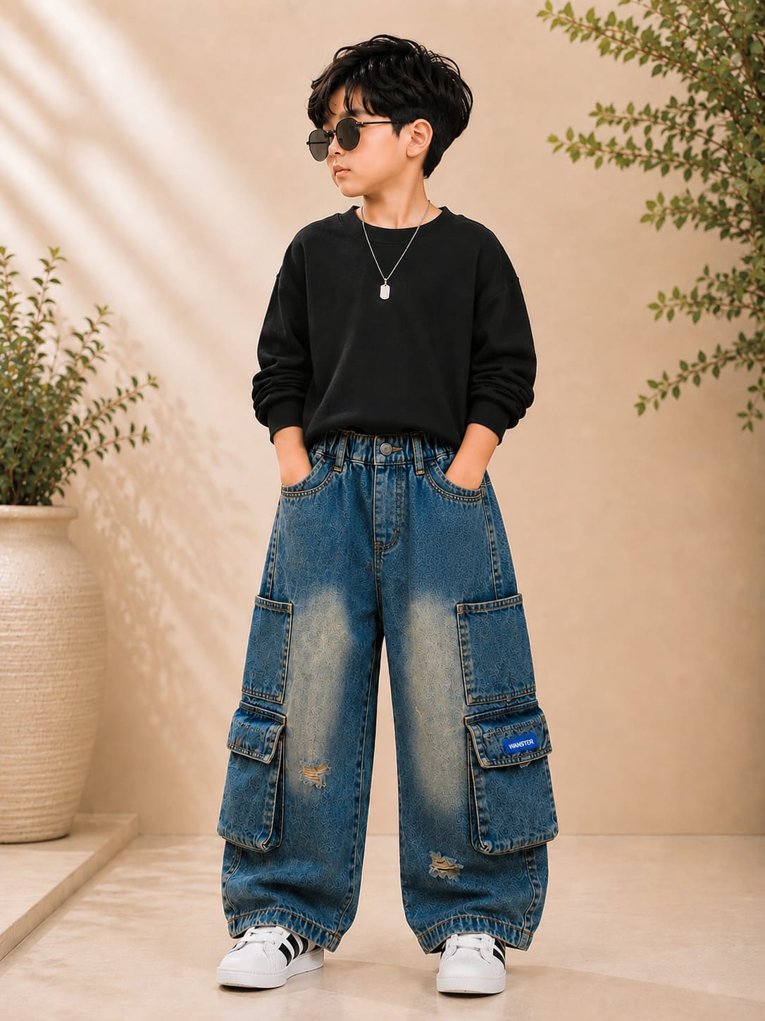 Kids Cargo Baggy Jeans |Wanster Premium Vintage Denim Wide Leg Pants | 6–10 Years