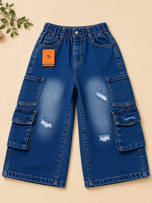 Kids Distressed Cargo Baggy Jeans | Wanster Premium Blue Denim Wide Leg Pants | 6–8 Years