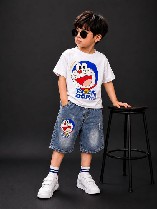 Boys Doraemon Printed T-Shirt & Denim Shorts Co-Ord Set | White & Blue | 4–8 Years