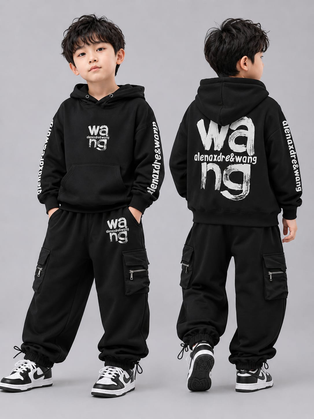 Kids Premium Black Hoodie Cargo Tracksuit Set | Streetwear Co-Ord | 6–9 Years