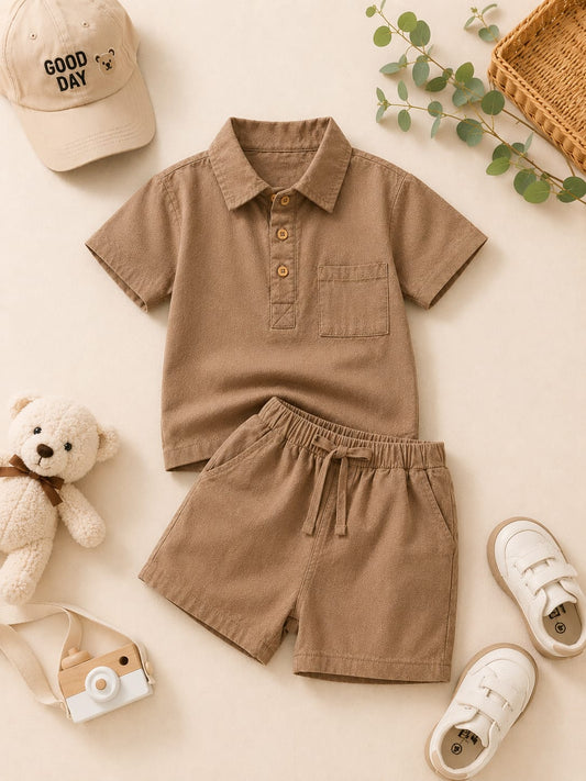 Boys Premium Linen Cord Set | Half Sleeve Shirt & Shorts | Beige | 2–5 Years