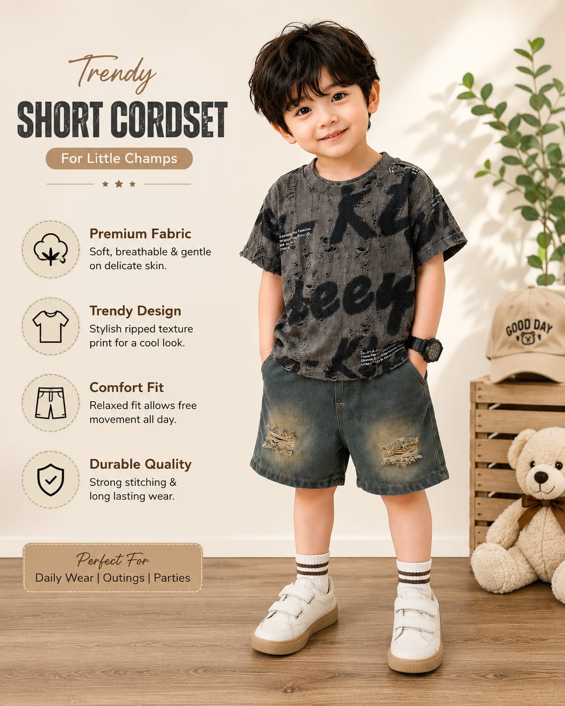 Boys Premium Graphic T-Shirt & Denim Shorts Co-Ord Set | Charcoal Grey | 2–5 Years