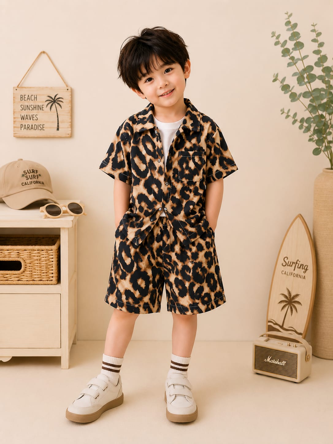 Boys Premium 3-Piece Rayon Printed Cord Set | Shirt, T-Shirt & Shorts | Brown | 3–6 Years