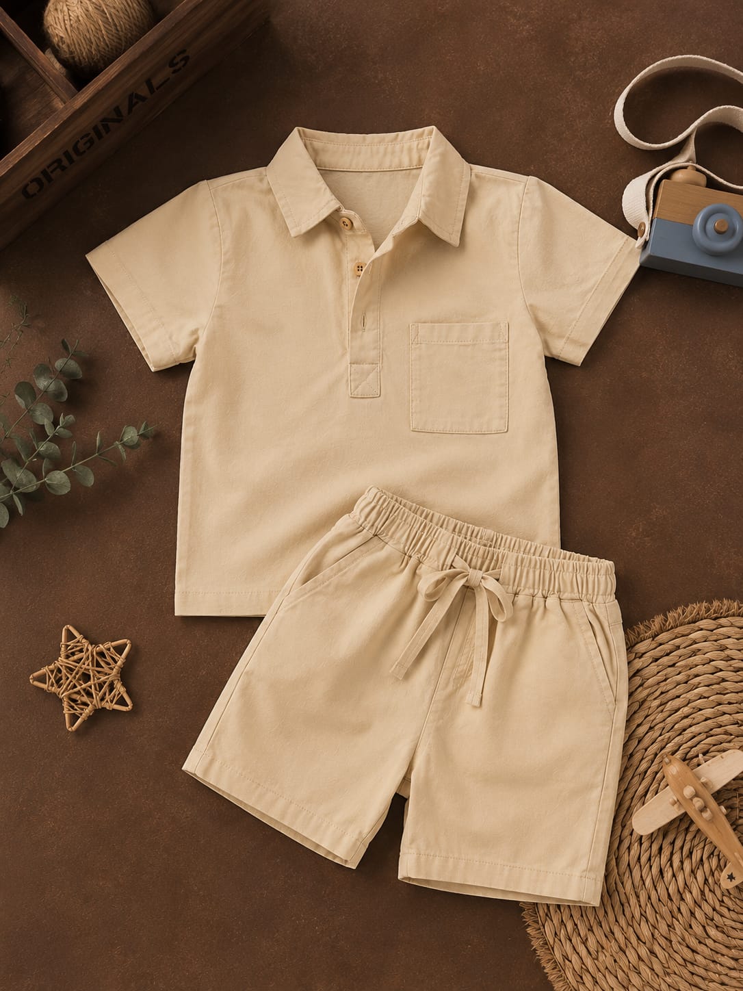 Boys Premium Linen Half Sleeve Cord Set | Beige | 2-Piece | 2–4 Years