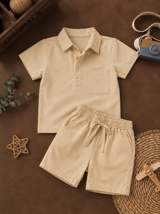 Boys Premium Linen Half Sleeve Cord Set | Beige | 2-Piece | 2–4 Years