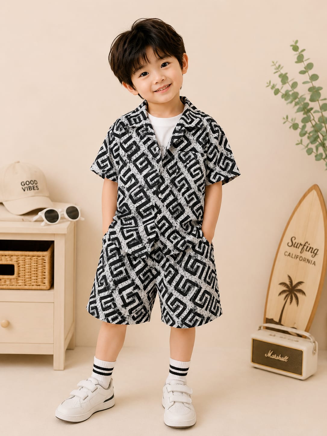 Boys Premium Rayon Printed 3-Piece Cord Set | Black & White | 2–6 Years