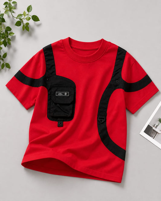 Boys Utility Pocket  T-Shirt | Red | Premium Cotton | 6–13 Years