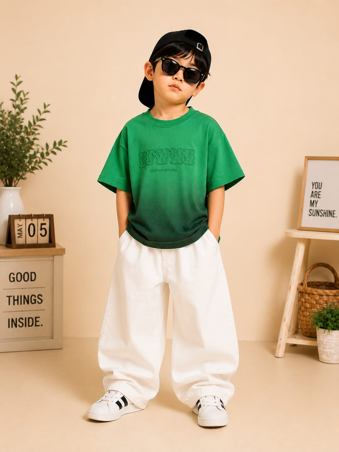 Boys Green Embossed Oversized T-Shirt | Premium Casual Cotton Tee | 7-9 Years