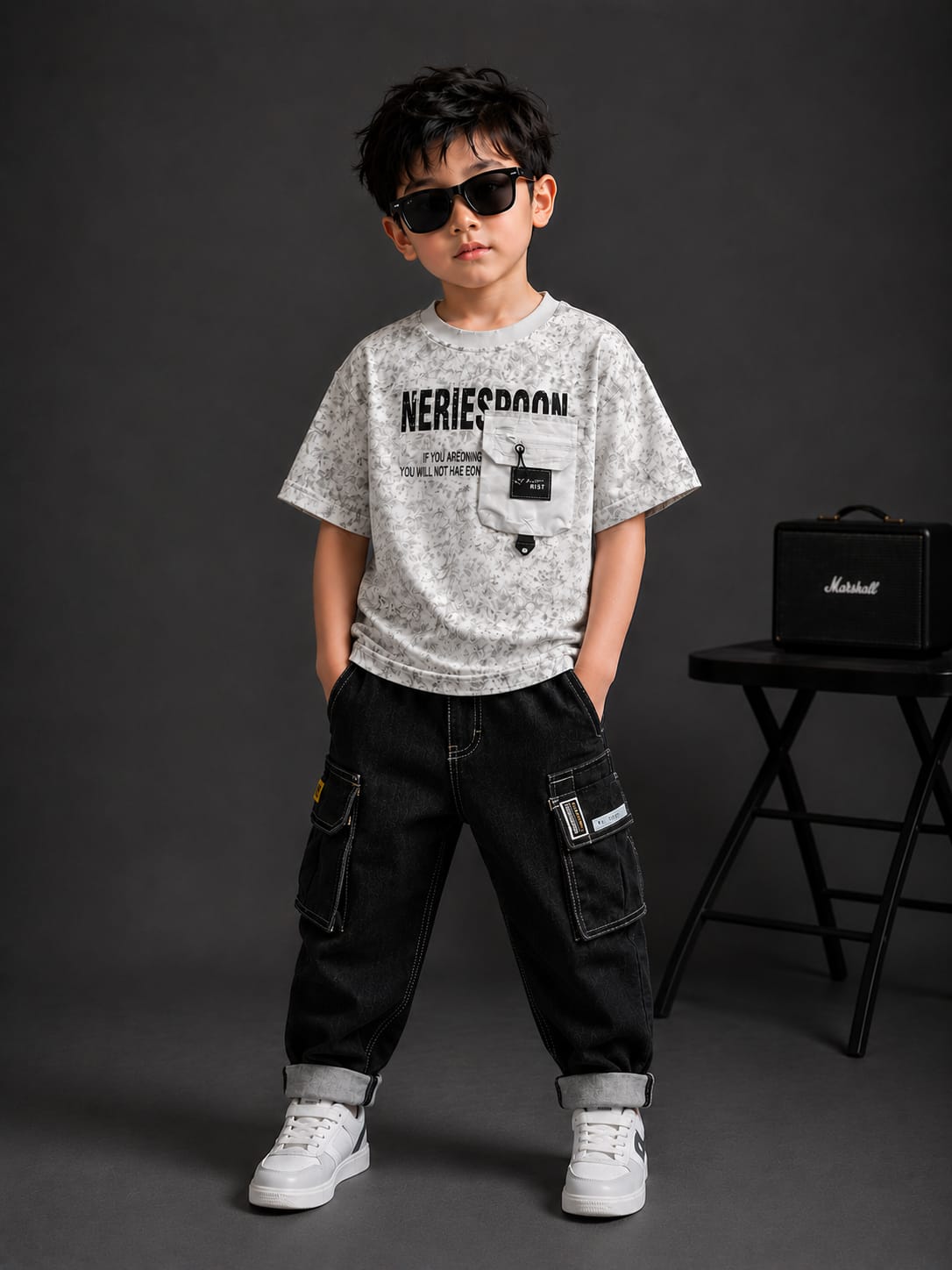 Boys White Utility Pocket Printed Oversized T-Shirt | Korean Streetwear | 5-10 Years