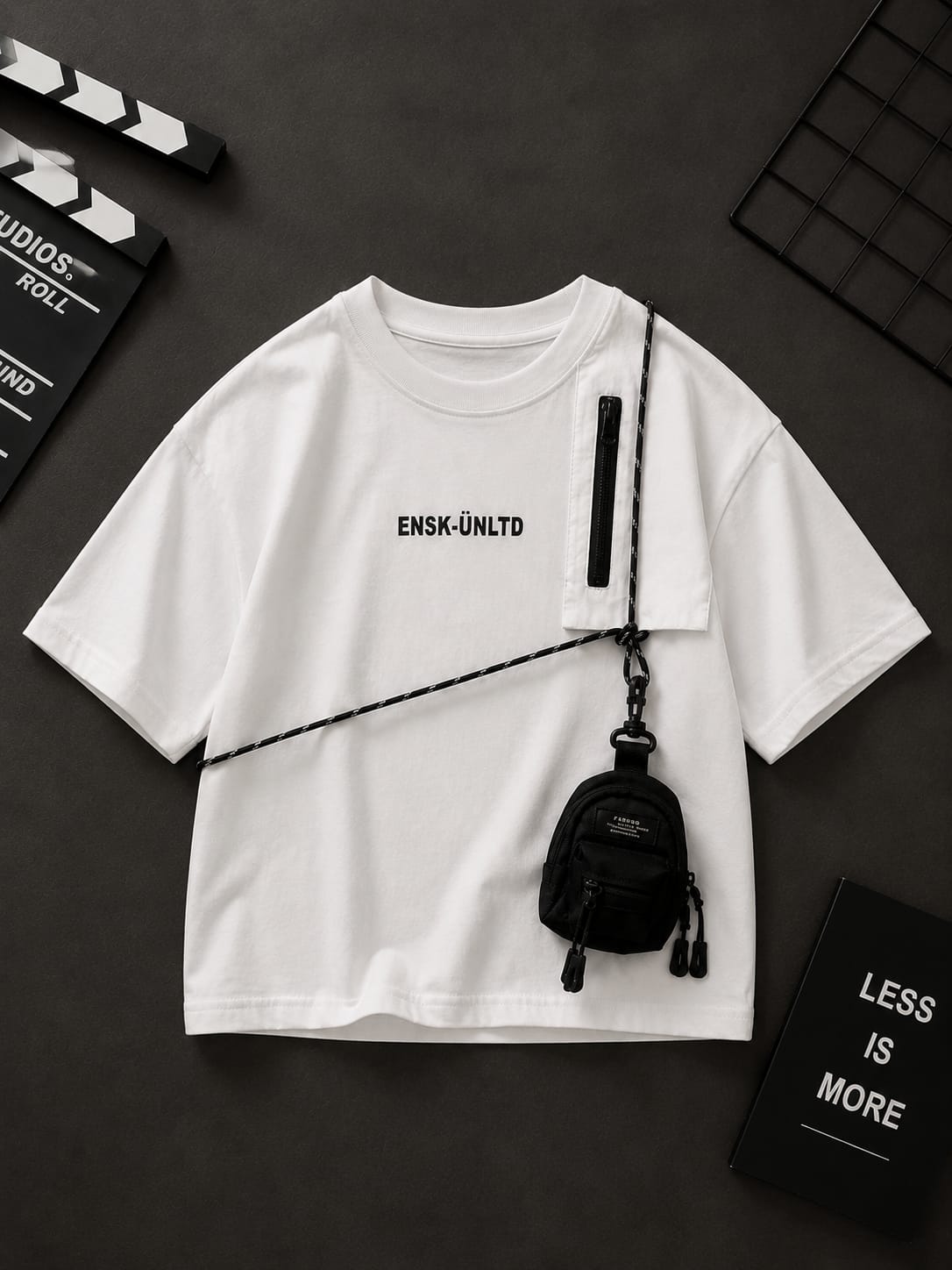 Boys White Utility Pocket T-Shirt with Mini Sling Bag | Premium Cotton Casual Tee | Age 9–11 Years