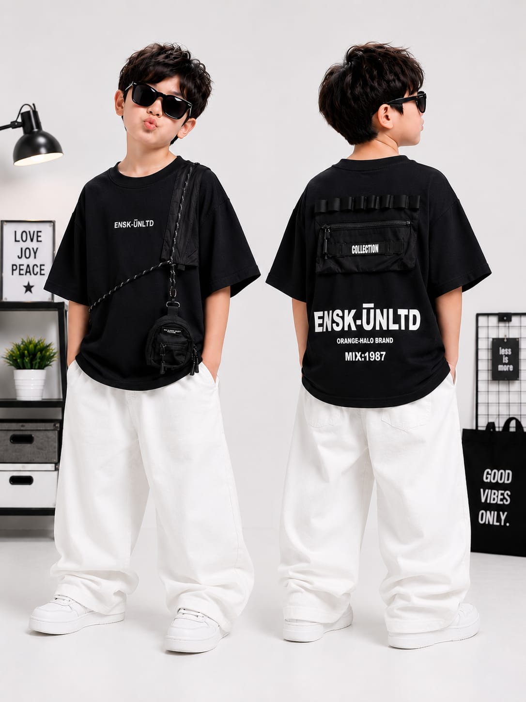 Boys Black Utility Pocket T-Shirt with Mini Sling Bag | Premium Cotton Casual Tee | Age 9–11 Years