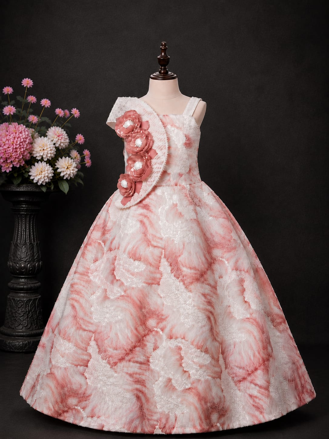 Girls Premium Party Wear Floral Ball Gown Dress – Pink & White | 3–8 Years